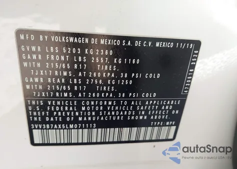 2020 Volkswagen Tiguan Se/Sel z USA, uszkodzony, nr VIN 3VV3B7AX5LM071113